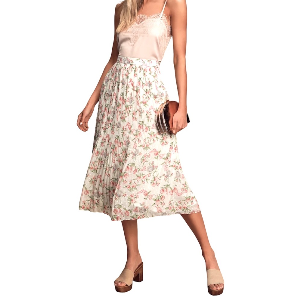 Lulu's Floral Midi Skirt in Cream and Pink